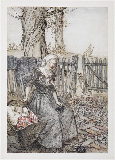 Addio, piccolo coniglietto. Madre con il suo bambino in una culla. Padre che va a caccia sullo sfondo da Arthur Rackham