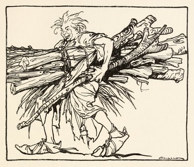 Carl che costruisce un riparo per la notte, da Il Carl del Cappotto Grigio in Fiabe irlandesi da Arthur Rackham