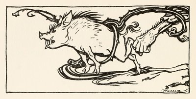 Carl che cattura un cinghiale per la sua cena, da Il Carl del Cappotto Grigio in Fiabe irlandesi da Arthur Rackham