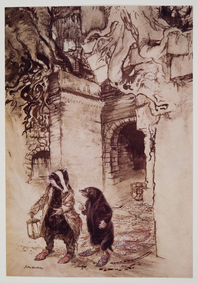 Attraversando la sala, passarono per uno dei tunnel principali, da Il vento nei salici di Kenneth Grahame, pub. 1940 da Arthur Rackham