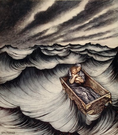 Danae abbracciava strettamente il suo bambino, illustrazione da 