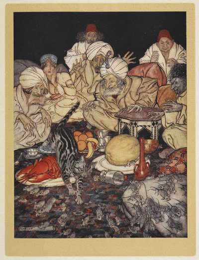 Il gatto di Dick Whittington cavalca il re dei Mori dei suoi topi da Arthur Rackham