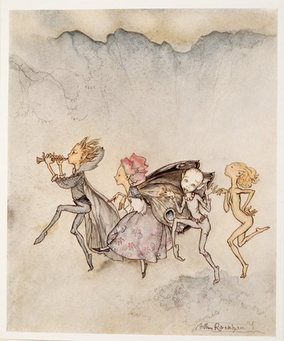 Ognuno, saltellando sulla punta dei piedi, sarà qui con scopa e smorfia, illustrazione da La Tempesta di William Shakespeare, pub. 1926 da Arthur Rackham