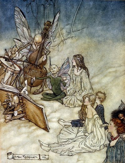 Elfi che suonano musica, illustrazione di Arthur Rackham per Il Sogno di una Notte di Mezza Estate di William Shakespeare da Arthur Rackham