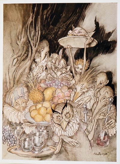 Entrano diverse strane forme, portando un banchetto e invitando il re, ecc. a mangiare, illustrazione da La Tempesta di William Shakespeare, pub. 1926 da Arthur Rackham