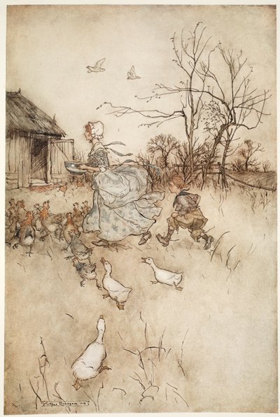Vestito con un paio di pantaloni dismessi del padre che doveva tenere su come una signora tiene il suo strascico in caso di maltempo, da Rip Van Winkle di Washington Irving, pub. 1910 da Arthur Rackham