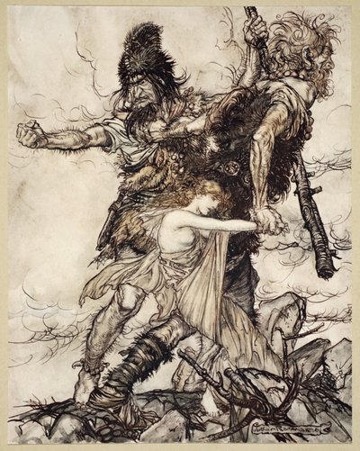 Fasolt afferra improvvisamente Freia e la trascina da un lato con Fafner, illustrazione da 