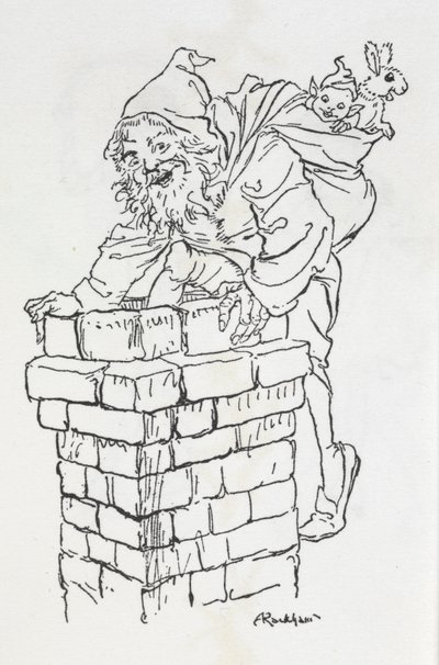Babbo Natale che sale in un camino con regali da Arthur Rackham