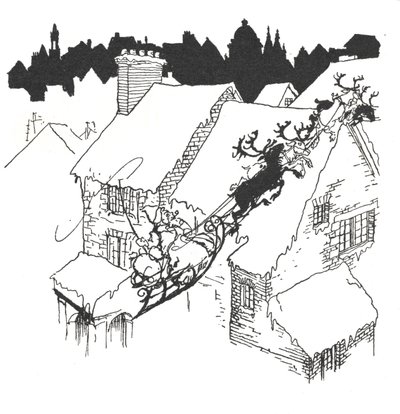 Babbo Natale sulla sua slitta che vola sopra i tetti innevati da Arthur Rackham