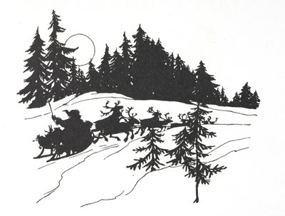 Babbo Natale che viaggia attraverso un bosco innevato sulla sua slitta da Arthur Rackham