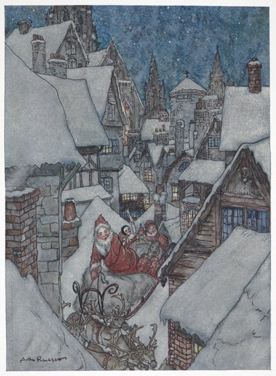 Babbo Natale che viaggia per le strade innevate sulla sua slitta da Arthur Rackham
