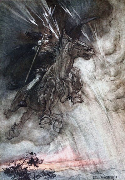 Furiosamente Wotan cavalca verso la roccia. Illustrazione per L