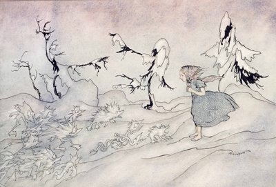 Gerda è terrorizzata dalla guardia avanzata della Regina delle Nevi, ma recita il Padre Nostro e viene salvata da piccoli angeli luminosi, illustrazione da La Regina delle Nevi di Hans Christian Andersen da Arthur Rackham