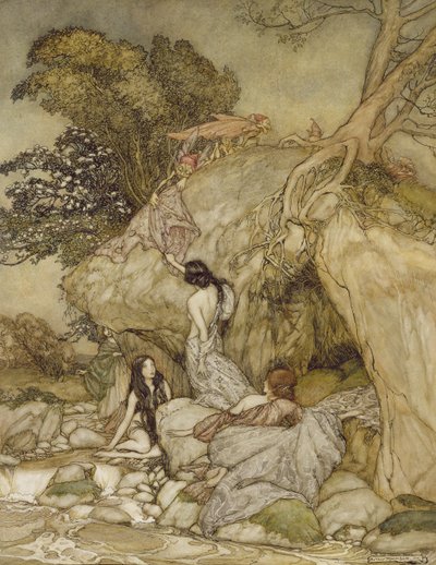 Ragazze vicino a un ruscello, 1906 da Arthur Rackham