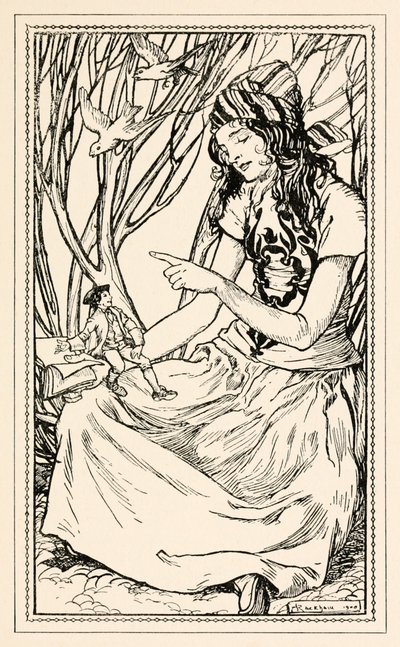 Glumdalclitch insegna a Gulliver a leggere dalla Parte II: Un viaggio a Brobdingnag nei Viaggi di Gulliver di Jonathan Swift da Arthur Rackham