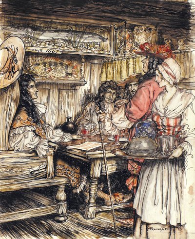 Vai a vedere in uno dei caffè in King Street a Westminster, illustrazione da The Compleat Angler di Isaac Walton, 1931 da Arthur Rackham