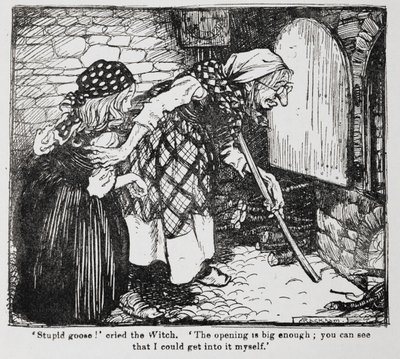 Grethel e la vecchia strega vicino al forno da Hansel e Grethel da Arthur Rackham