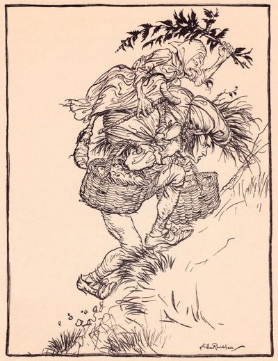 Gemendo continuamente, salì la montagna. Illustrazione di Arthur Rackham da Fiaba dei Grimm, La ragazza dell