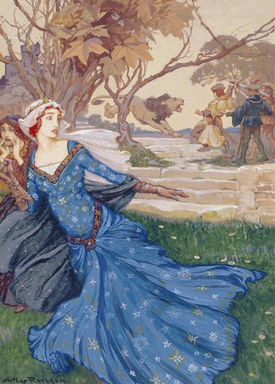 Ginevra salvata da La Cote Male Taile, illustrazione da A Collection of Stories from Old Fairy Tales: Grimm, Andersen and Stories of King Arthur, pubblicato 1905 da Arthur Rackham