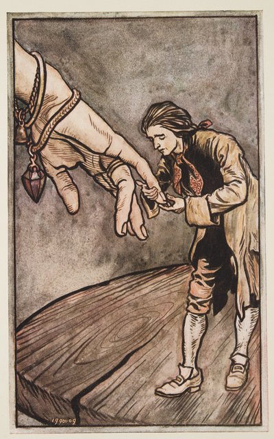 Gulliver bacia la mano della regina di Brobdingnag, da I viaggi di Gulliver di Jonathan Swift (1667 - 1745), pub. 1909 da Arthur Rackham