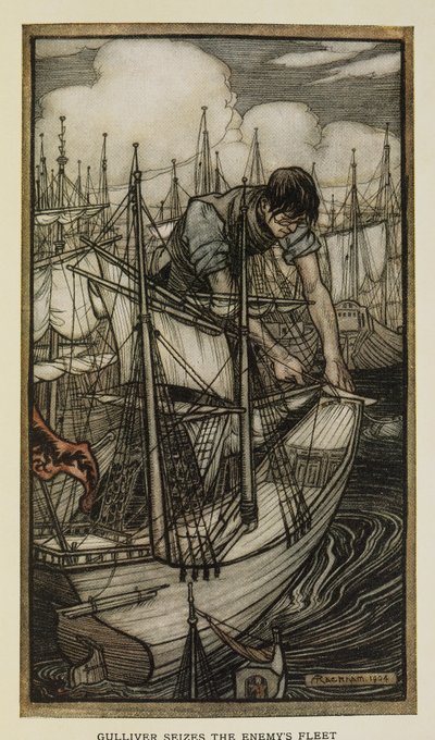 Gulliver cattura la flotta nemica, illustrazione da I viaggi di Gulliver di Jonathan Swift, di Arthur Rackham da Arthur Rackham