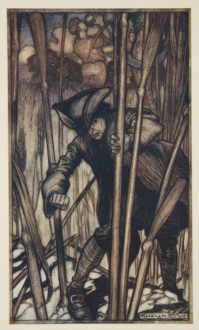 Gulliver è colto dalla paura alla prima vista dei Mietitori Brobdingnagian, da I viaggi di Gulliver di Jonathan Swift (1667 - 1745), pub. 1909 da Arthur Rackham
