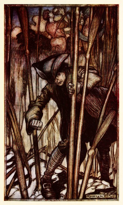 Gulliver è colto dalla paura alla vista dei mietitori brobdingnaghiani dalla Parte II: Un viaggio a Brobdingnag nei Viaggi di Gulliver di Jonathan Swift da Arthur Rackham