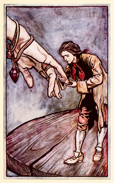 Gulliver bacia la mano della Regina di Brobdingnag dalla Parte II: Un viaggio a Brobdingnag nei Viaggi di Gulliver di Jonathan Swift da Arthur Rackham