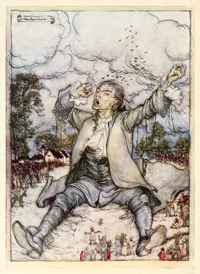 Gulliver liberato dalle corde si alza e si stira dalla Parte I: Un viaggio a Lilliput nei Viaggi di Gulliver di Jonathan Swift da Arthur Rackham