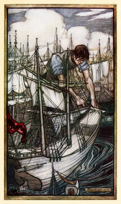 Gulliver cattura la flotta nemica dalla Parte I: Un viaggio a Lilliput nei Viaggi di Gulliver di Jonathan Swift da Arthur Rackham