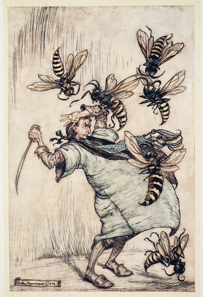 Il Combattimento di Gulliver con le Vespe, da I Viaggi di Gulliver di Jonathan Swift (1667 - 1745), pub. 1909 da Arthur Rackham