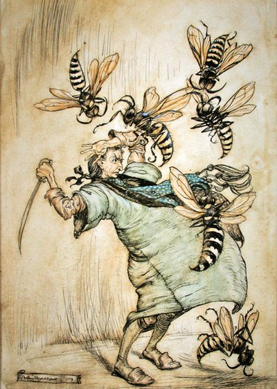 Il combattimento di Gulliver con le vespe da Arthur Rackham