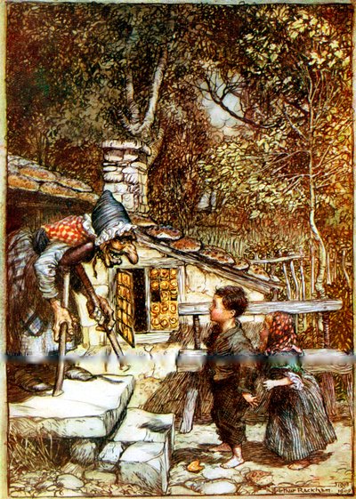 Hansel e Gretel e la strega sulla soglia della sua casetta da Arthur Rackham