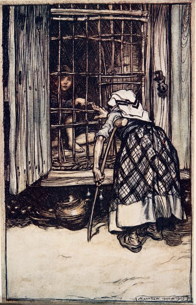Hansel mise fuori un osso di nocca, e la vecchia, i cui occhi erano deboli, non poteva vedere e pensava che fosse il suo dito, e fu molto sorpresa che non ingrassasse, da Le fiabe dei fratelli Grimm da Arthur Rackham