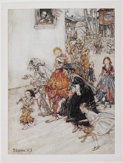 Hark! Hark! I cani abbaiano. Una collezione di personaggi tra cui un giullare, vecchie donne e bambini, che camminano per le strade da Arthur Rackham