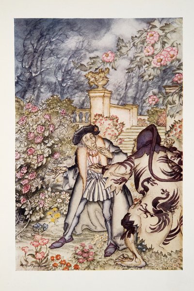 Sentì un forte rumore e vide venire verso di lui una bestia così spaventosa da farlo svenire dalla paura, da The Arthur Rackham Fairy Book, pub. 1933 da Arthur Rackham