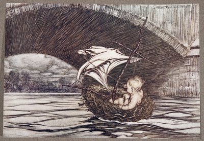 Passò sotto il ponte e arrivò in piena vista dei deliziosi Giardini, da Peter Pan nei Giardini di Kensington di J M Barrie (1860 - 1937), pub. 1906 da Arthur Rackham