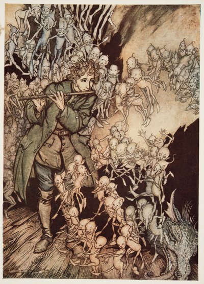Suonò finché la stanza fu completamente piena di gnomi, da Little Brother & Little Sister e altre fiabe dei fratelli Grimm, pub. 1917 da Arthur Rackham