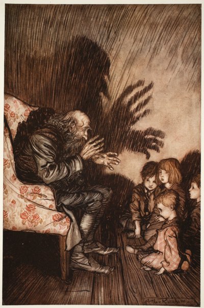 Preferiva fare amicizia con la nuova generazione, con la quale presto divenne molto popolare., da Rip Van Winkle di Washington Irving, pub. 1910 da Arthur Rackham