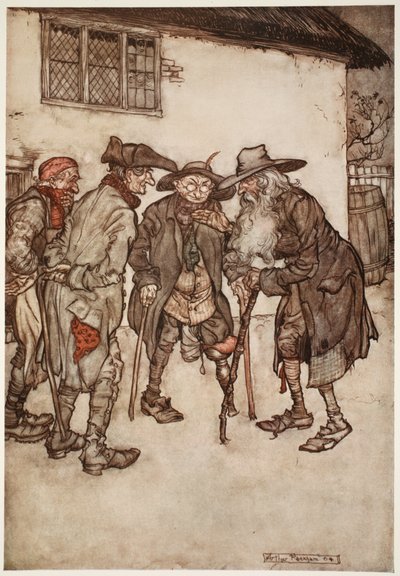 Presto trovò molti dei suoi vecchi amici, anche se tutti piuttosto peggiorati dal logorio del tempo., da Rip Van Winkle di Washington Irving, pub. 1910 da Arthur Rackham