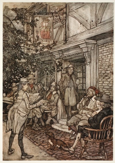 Si consolava frequentando una sorta di club perpetuo di saggi, filosofi e altre persone oziose, che teneva le sue sessioni davanti a una piccola locanda., da Rip Van Winkle di Washington Irving da Arthur Rackham