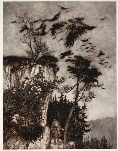 Gli rispose solo uno stormo di corvi oziosi, da Rip Van Winkle di Washington Irving, pub. 1910 da Arthur Rackham