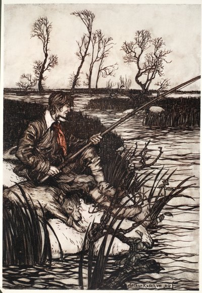 Si sedeva su una roccia bagnata e pescava tutto il giorno., da Rip Van Winkle di Washington Irving, pub. 1910 da Arthur Rackham