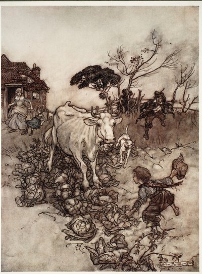 La sua mucca si smarriva o finiva tra i cavoli., da Rip Van Winkle di Washington Irving, pub. 1910 da Arthur Rackham