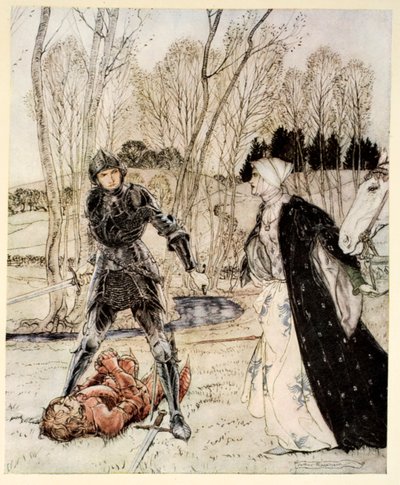 Come Beaumains sconfisse il Cavaliere Rosso e sempre la damigella gli rivolse molte parole scortesi, illustrazione da 