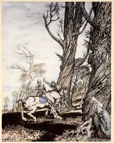 Come Sir Launcelot uccise il cavaliere Sir Peris de Forest Savage che molestava dame, damigelle e gentildonne, illustrazione da 