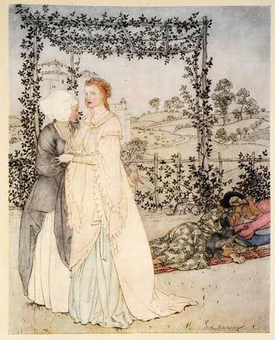 Come Tristano fu riconosciuto dal piccolo brachet nel giardino del castello di Re Marco, illustrazione da 