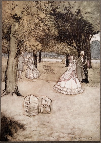 Penso che la vista più toccante nei Giardini siano le due lapidi di Walter Stephen Matthews e Phoebe Phelps .., da Peter Pan nei Giardini di Kensington di J M Barrie (1860 - 1937), pub. 1906 da Arthur Rackham