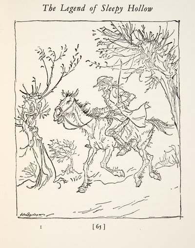 Ichabod Crane che fugge dal cavaliere senza testa, da La leggenda di Sleepy Hollow di Washington Irving (1783 - 1859), pub. 1928 da Arthur Rackham