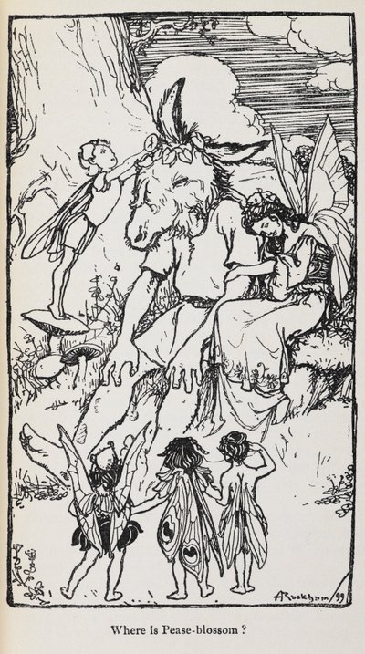 Illustrazione da Sogno di una notte di mezza estate con fate e un uomo con una testa d